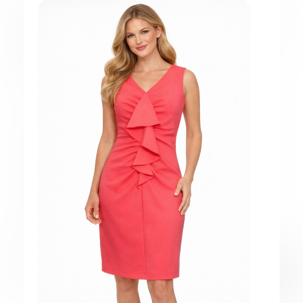 CALVIN KLEIN Coral V Neck Ruffle Front Sleeveless Dress Size 2 NWOT